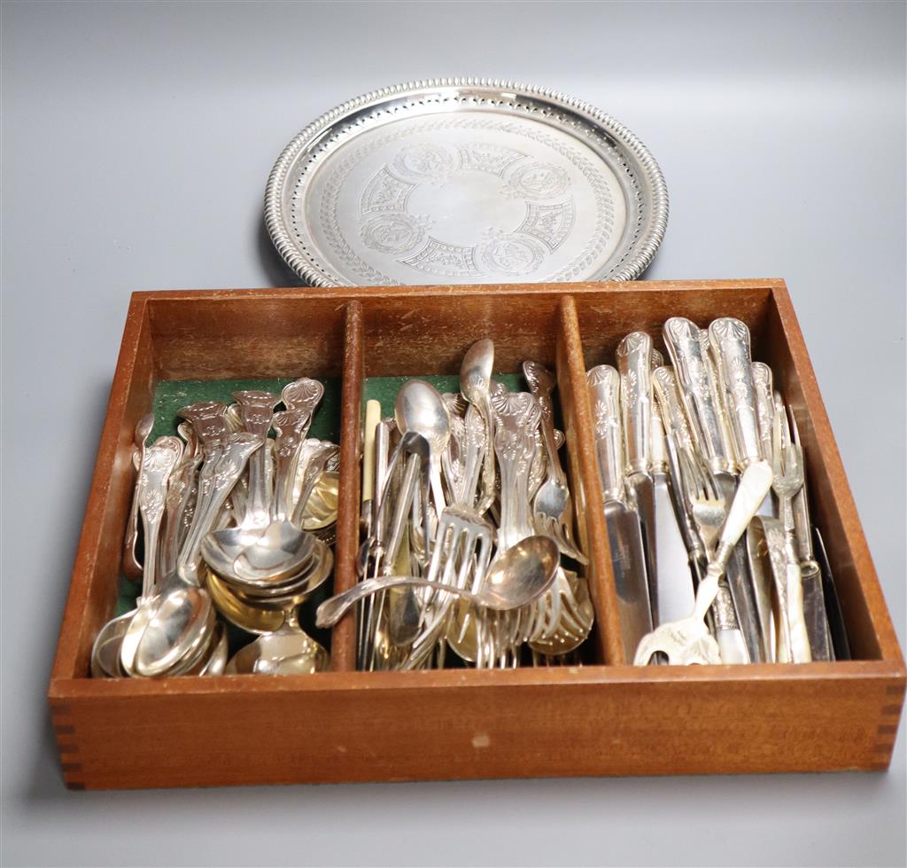 A silver plated Kings pattern canteen and a plated salver